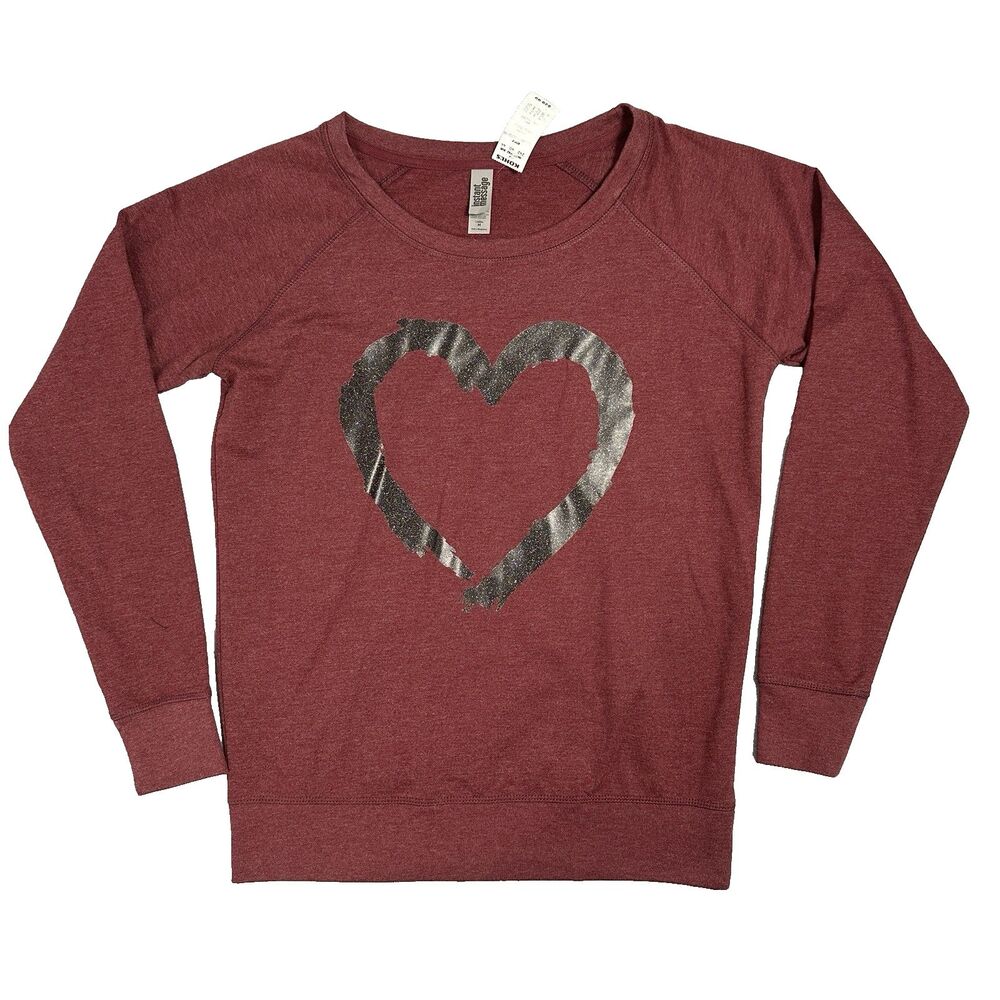New Women’s Paintbrush Stroke Heart Sparkle French Terry Long Sleeve Tee Size M